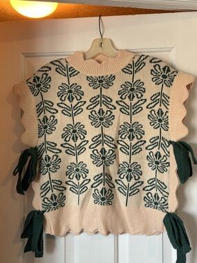 Cream & Green Floral Knit Sleeveless Vest with Side Tie Details